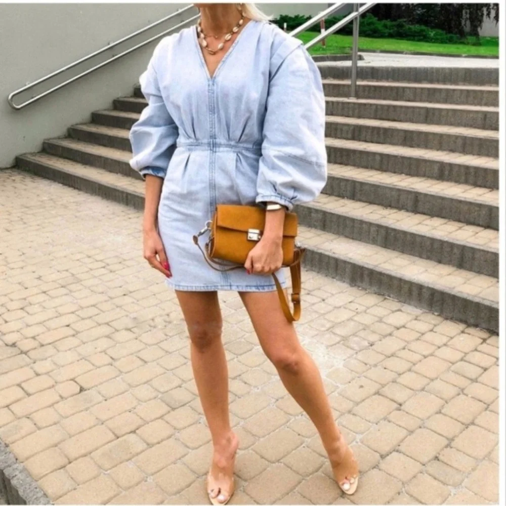 Zara | Dresses | Zara Woman Light Blue Pleated Denim Dress With Elbow  Length Balloon Sleeves Nwt | Poshmark